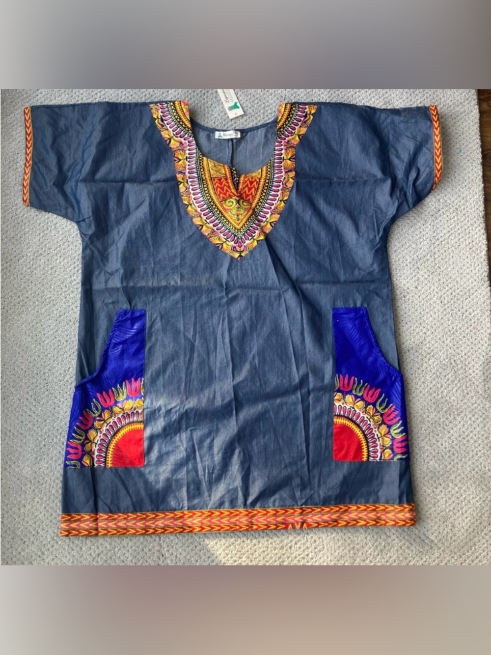 Men's Navy Dashiki Shirt with Colorful Embroidery